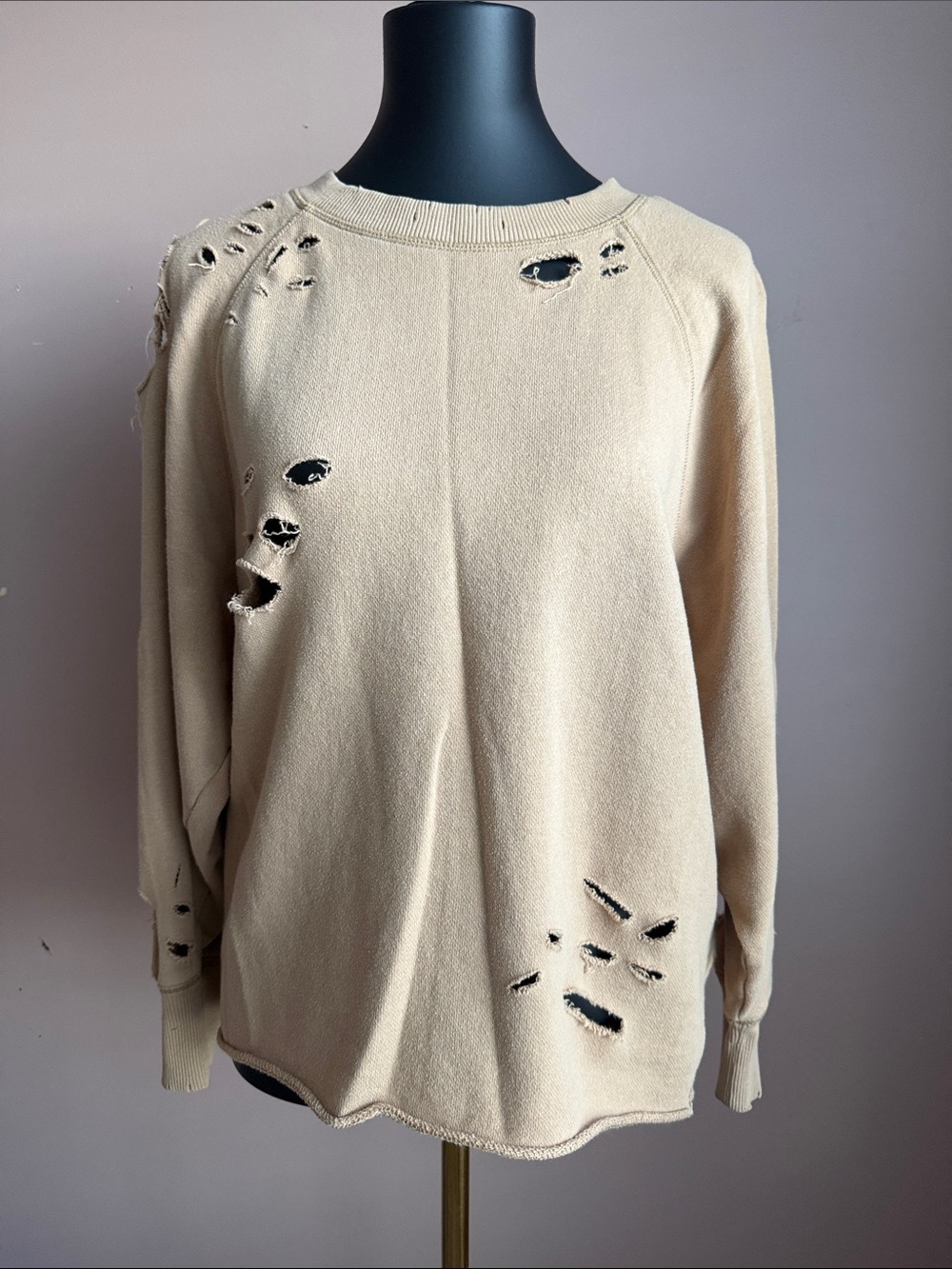 aerie Distressed oversized Beige/Tan Sweatshirt